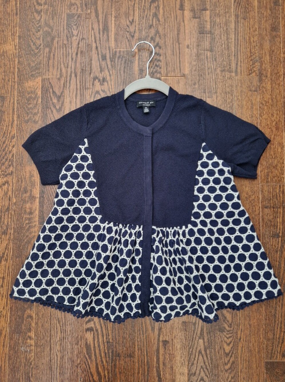 Navy And White Crop Flare Shirt-sleeved Knit Top